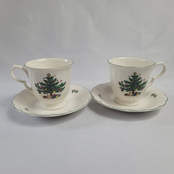 TWO Nikko Happy Holidays Cup & Saucer Sets White with Christmas Tree - Picture 1 of 14